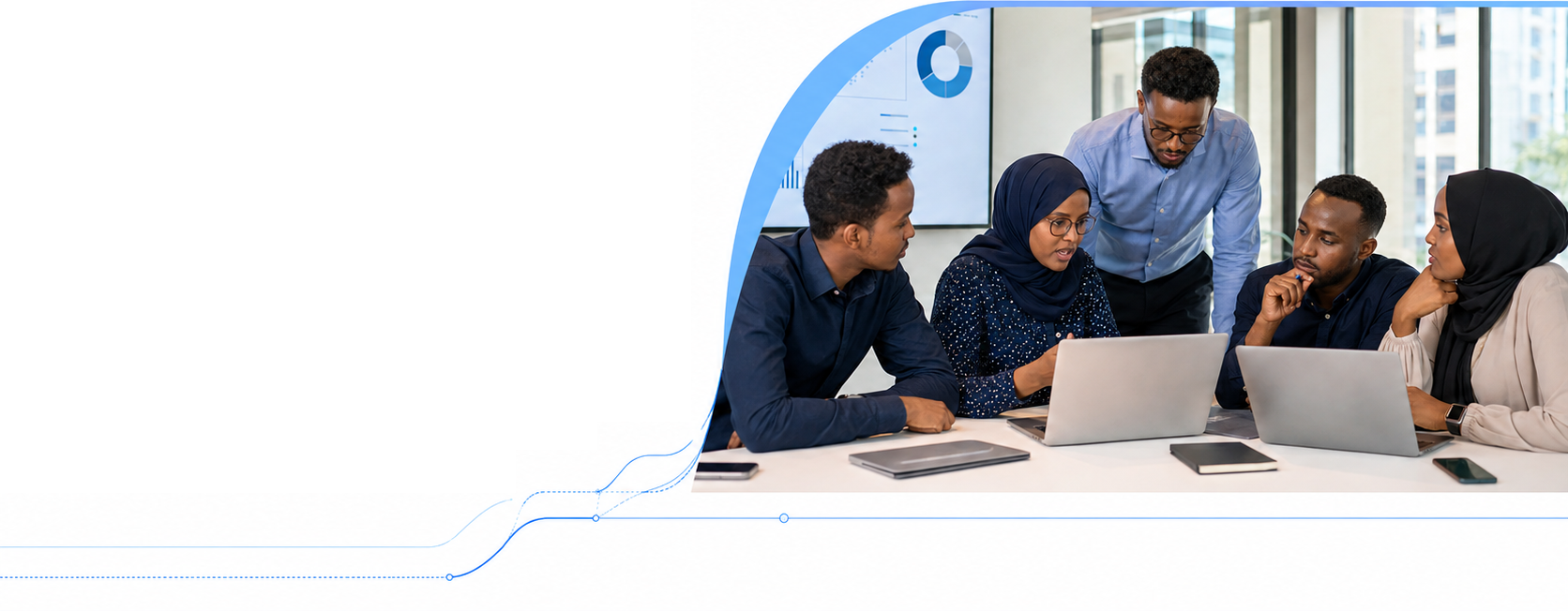 A Somali data and research team collaborating around laptops, framed by connected blue lines.