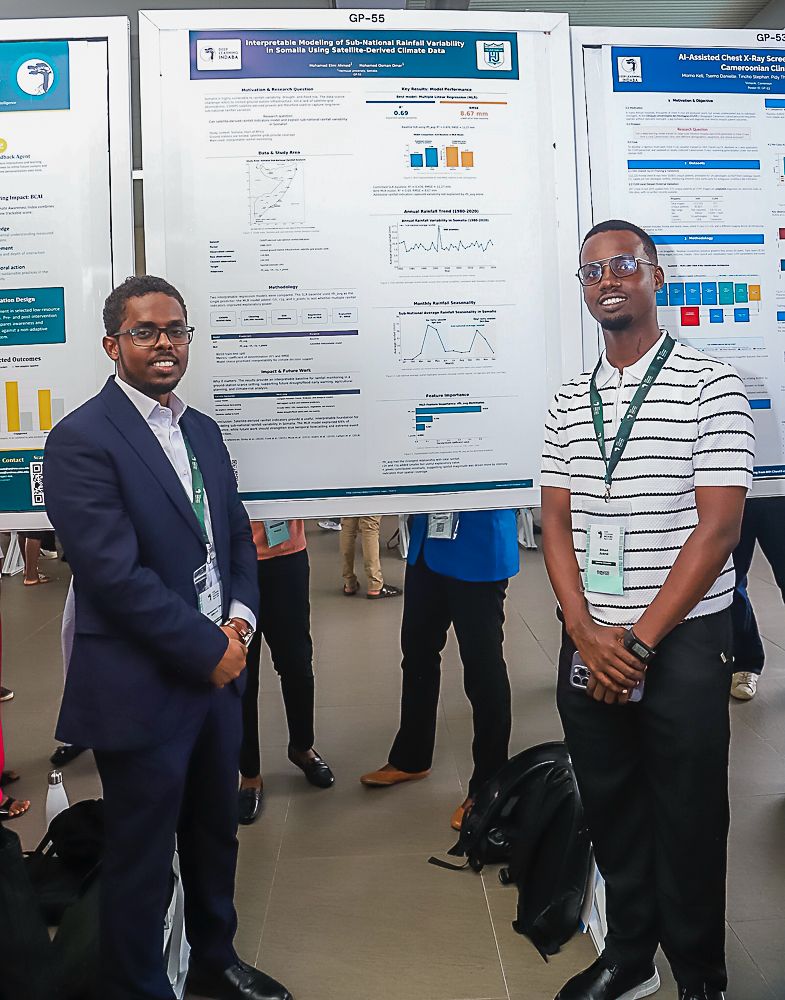 Two participants beside a poster on rainfall variability in Somalia