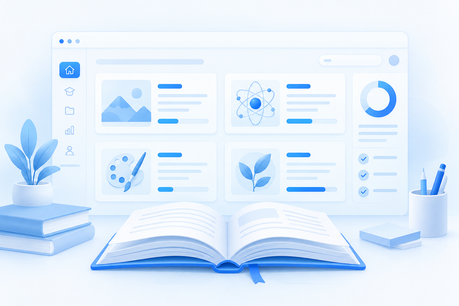 SOMDAS Academy learning portal with courses, progress and an open book