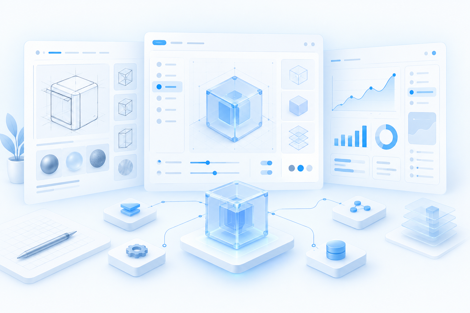 SOMDAS Lab prototype workspace with connected modules and product wireframes