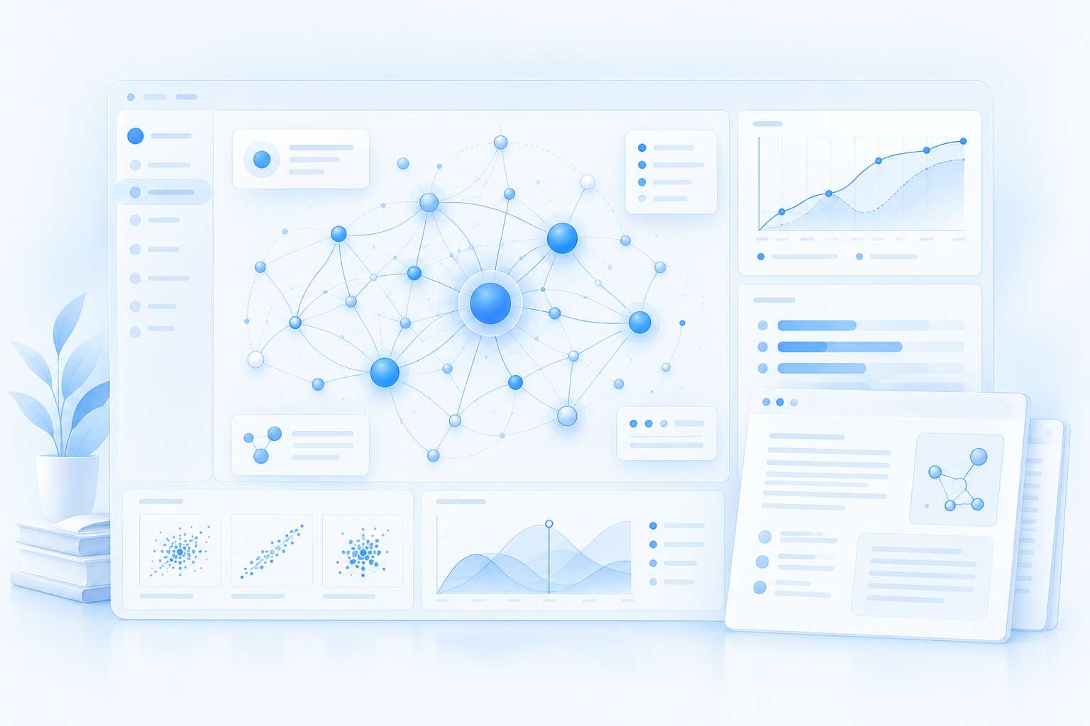 Applied AI research dashboard with a neural network, research document and evaluation charts