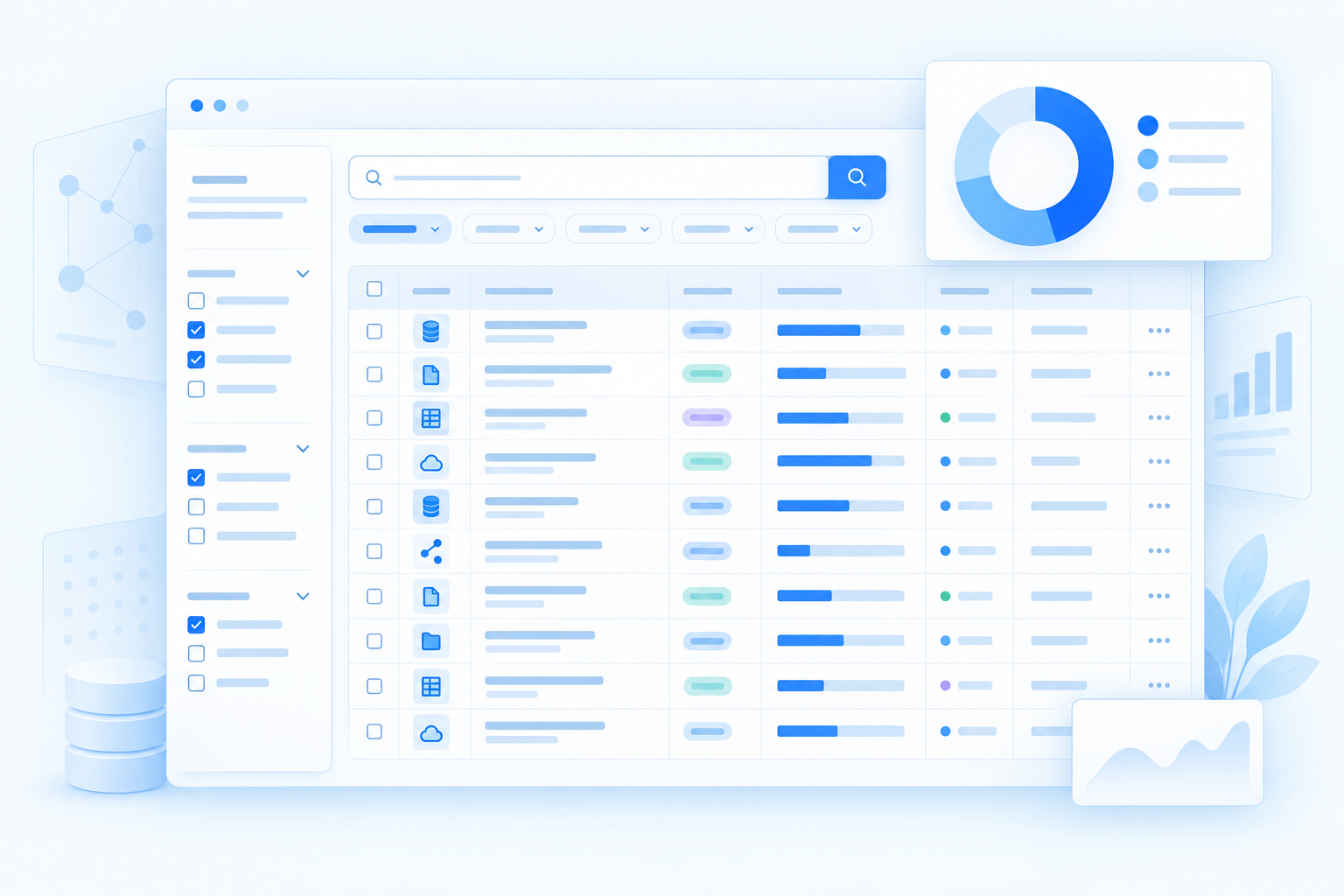 SODI data catalog illustration with search, dataset rows and a donut chart